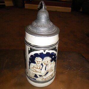 Vintage Antique German Stoneware Beer Stein Pewter Lid Patina Couple & Flowers